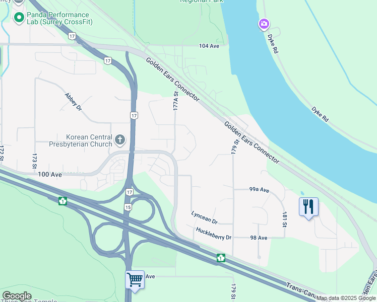 map of restaurants, bars, coffee shops, grocery stores, and more near 10070 178 Street in Surrey