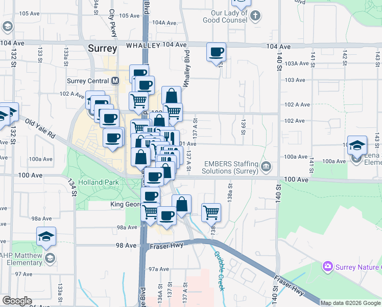 map of restaurants, bars, coffee shops, grocery stores, and more near 10070 137 A Street in Surrey
