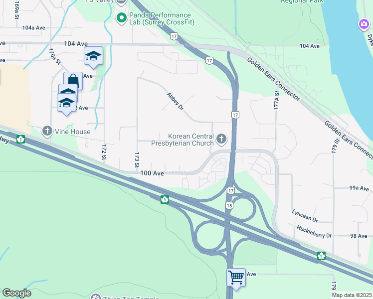 map of restaurants, bars, coffee shops, grocery stores, and more near 10062 174A Street in Surrey