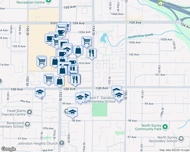 map of restaurants, bars, coffee shops, grocery stores, and more near 10062 154 Street in Surrey