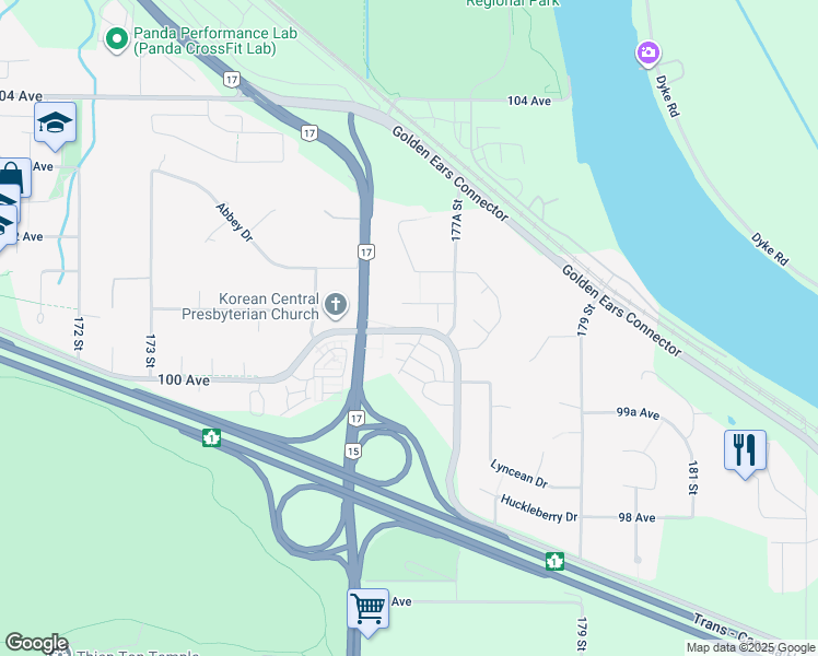 map of restaurants, bars, coffee shops, grocery stores, and more near 17626 Barnston Drive East in Surrey