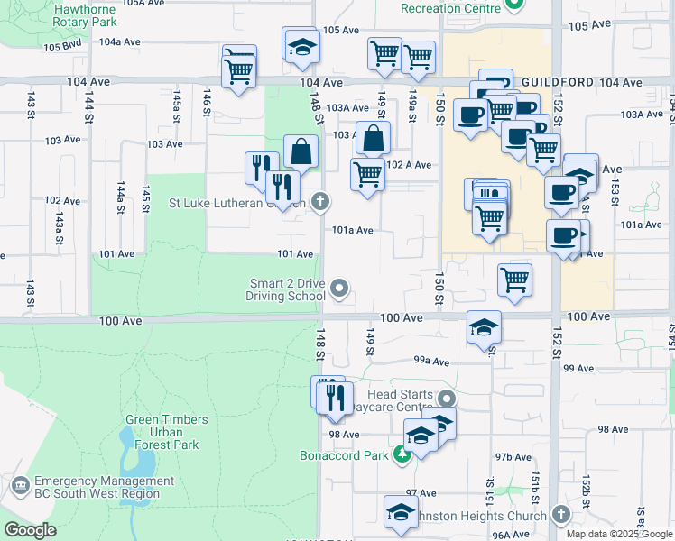 map of restaurants, bars, coffee shops, grocery stores, and more near in Surrey