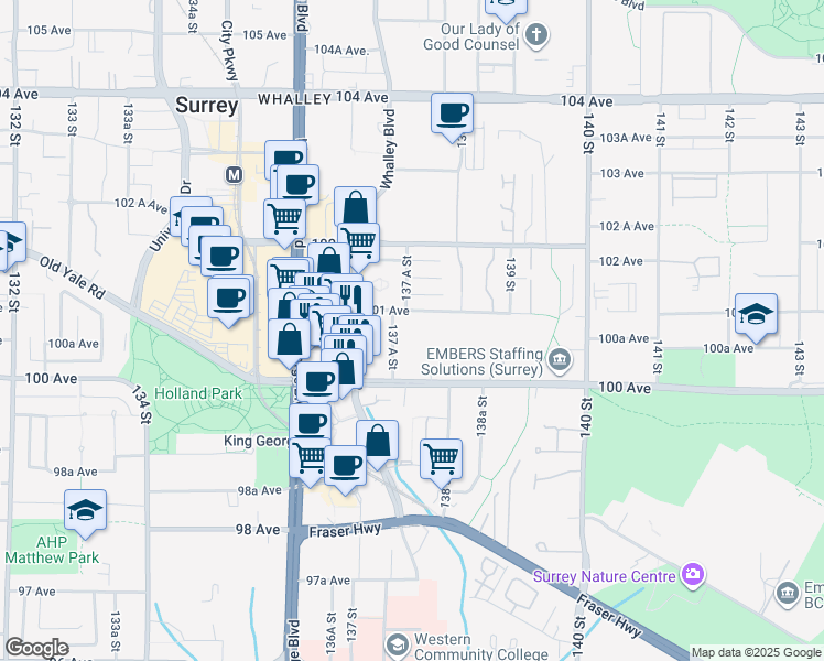 map of restaurants, bars, coffee shops, grocery stores, and more near in Surrey