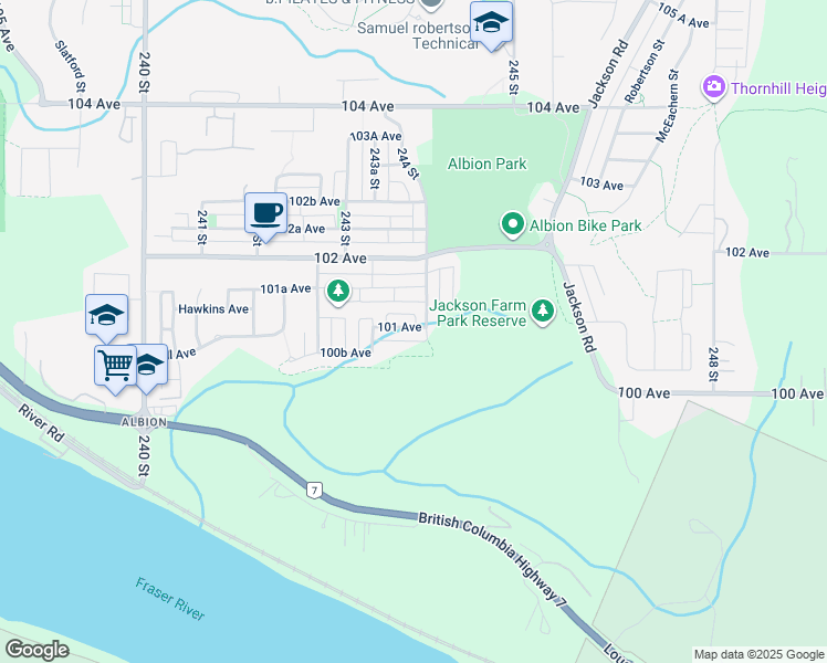map of restaurants, bars, coffee shops, grocery stores, and more near 24386 101 Avenue in Maple Ridge