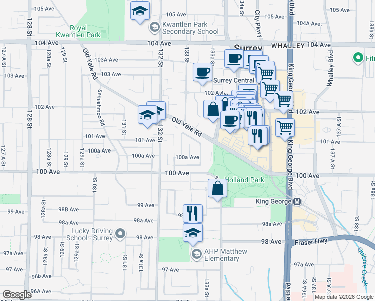 map of restaurants, bars, coffee shops, grocery stores, and more near 10065 133 Street in Surrey