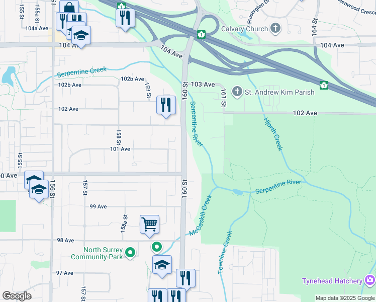 map of restaurants, bars, coffee shops, grocery stores, and more near 10068 160 Street in Surrey