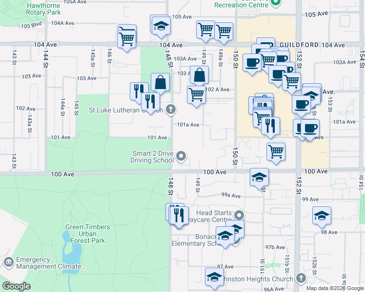 map of restaurants, bars, coffee shops, grocery stores, and more near 10082 148 Street in Surrey