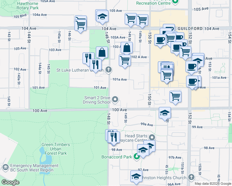 map of restaurants, bars, coffee shops, grocery stores, and more near 10082 148 Street in Surrey