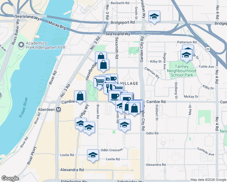 map of restaurants, bars, coffee shops, grocery stores, and more near 3779 Sexsmith Road in Richmond