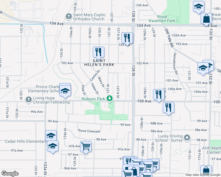 map of restaurants, bars, coffee shops, grocery stores, and more near 10068 127 Street in Surrey