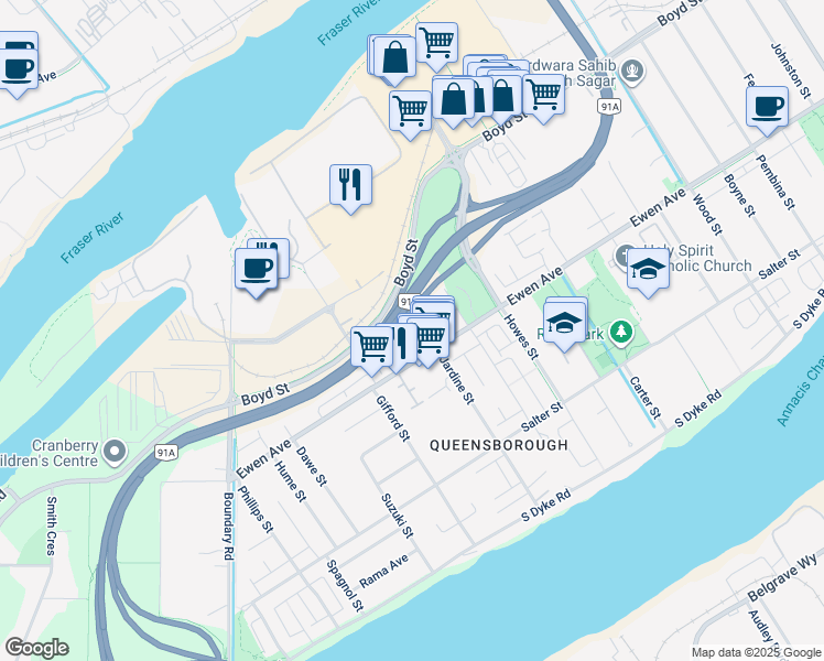 map of restaurants, bars, coffee shops, grocery stores, and more near 312 Jardine Street in New Westminster
