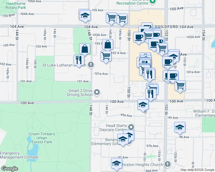 map of restaurants, bars, coffee shops, grocery stores, and more near 10092 148 Street in Surrey