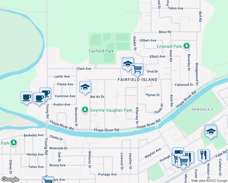 map of restaurants, bars, coffee shops, grocery stores, and more near 10107 Shamrock Drive in Chilliwack