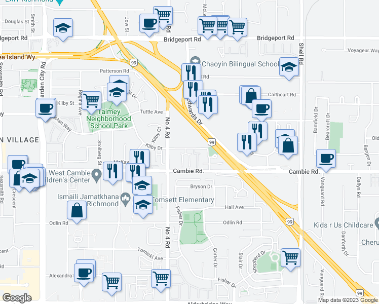map of restaurants, bars, coffee shops, grocery stores, and more near 10080 Kilby Drive in Richmond