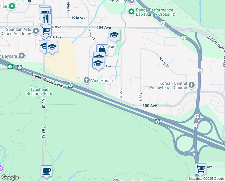 map of restaurants, bars, coffee shops, grocery stores, and more near 10070 171A Street in Surrey