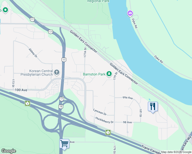 map of restaurants, bars, coffee shops, grocery stores, and more near 10108 Elderberry Crescent in Surrey