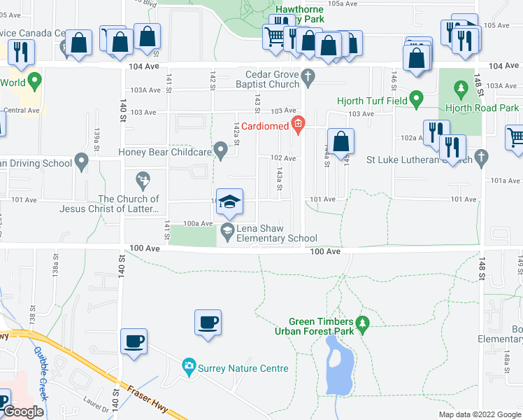 map of restaurants, bars, coffee shops, grocery stores, and more near 10080 143 Street in Surrey