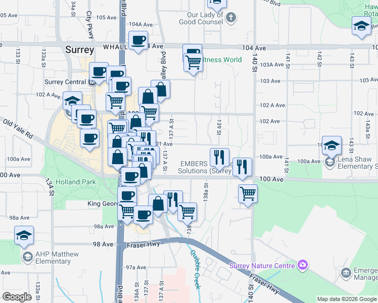 map of restaurants, bars, coffee shops, grocery stores, and more near 13819 100 Avenue in Surrey
