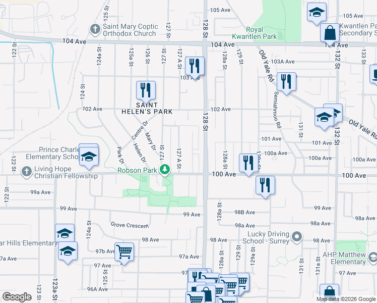 map of restaurants, bars, coffee shops, grocery stores, and more near 10063 127B Street in Surrey