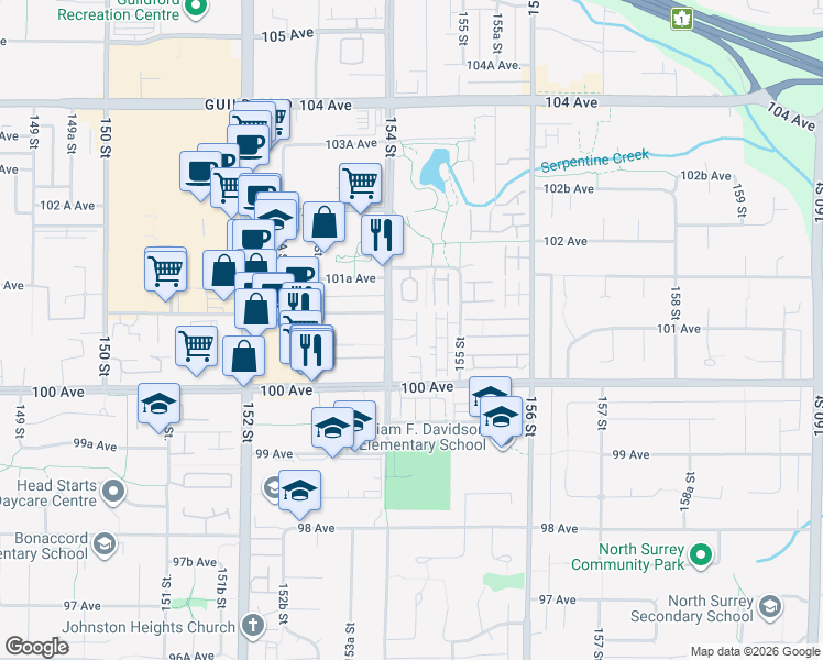 map of restaurants, bars, coffee shops, grocery stores, and more near 10074 154 Street in Surrey