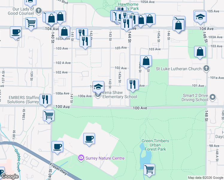 map of restaurants, bars, coffee shops, grocery stores, and more near 10080 143 Street in Surrey
