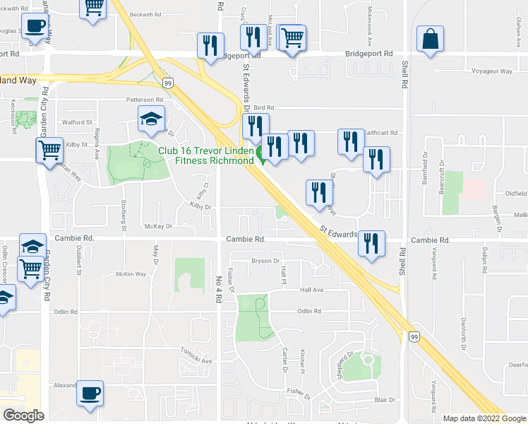 map of restaurants, bars, coffee shops, grocery stores, and more near 10168 Kilby Drive in Richmond