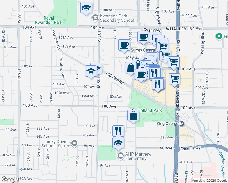 map of restaurants, bars, coffee shops, grocery stores, and more near 10065 133 Street in Surrey