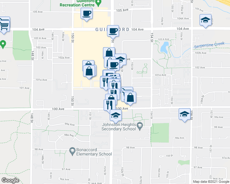 map of restaurants, bars, coffee shops, grocery stores, and more near 10090 152 Street in Surrey