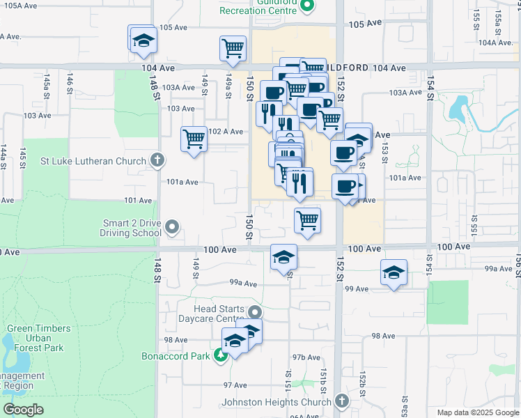 map of restaurants, bars, coffee shops, grocery stores, and more near 15030 101 Avenue in Surrey