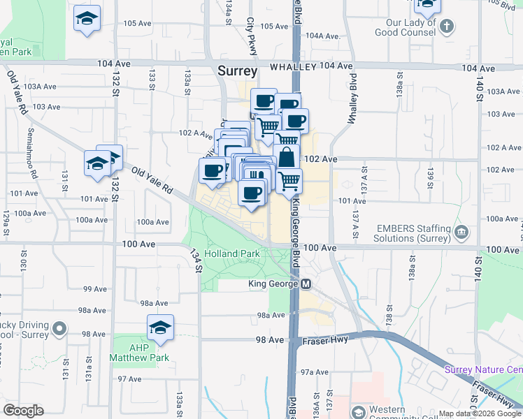 map of restaurants, bars, coffee shops, grocery stores, and more near 10153 King George Boulevard in Surrey