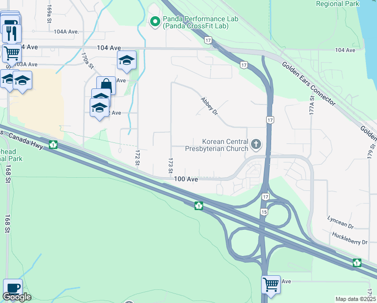 map of restaurants, bars, coffee shops, grocery stores, and more near 17356 101 Avenue in Surrey