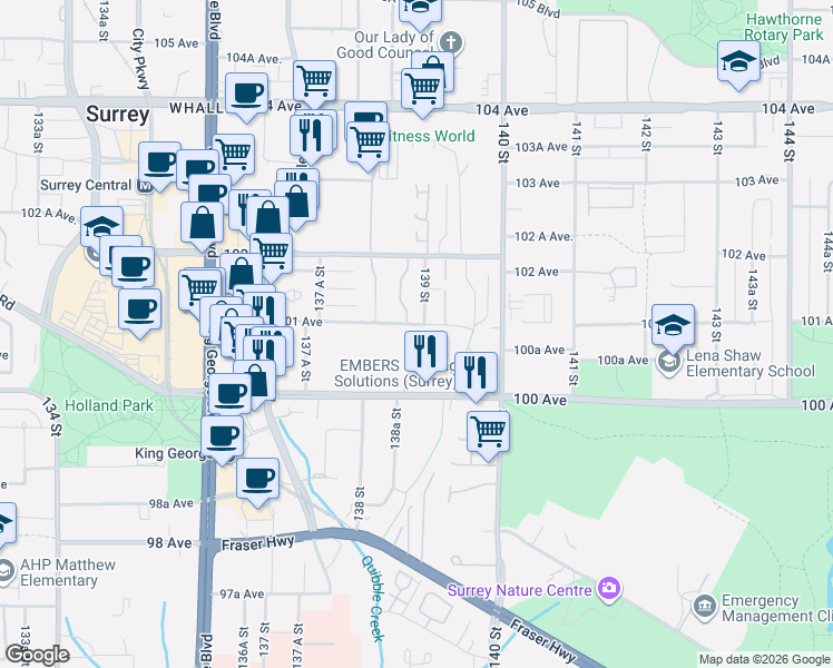 map of restaurants, bars, coffee shops, grocery stores, and more near 13880 101 Avenue in Surrey