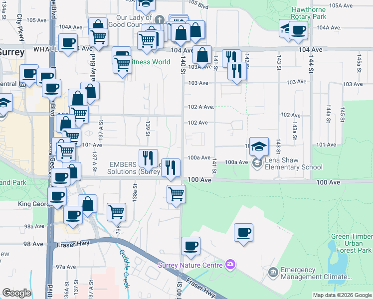 map of restaurants, bars, coffee shops, grocery stores, and more near 10090 140 Street in Surrey