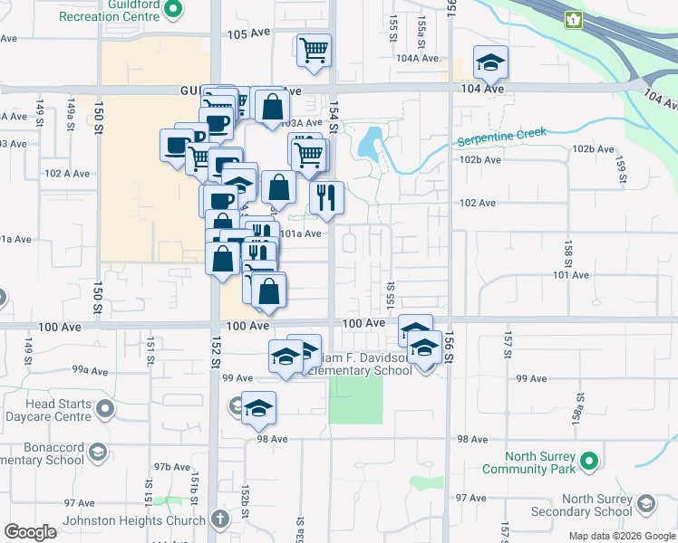 map of restaurants, bars, coffee shops, grocery stores, and more near 10080 154 Street in Surrey