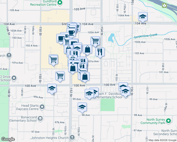 map of restaurants, bars, coffee shops, grocery stores, and more near 15322 101 Avenue in Surrey