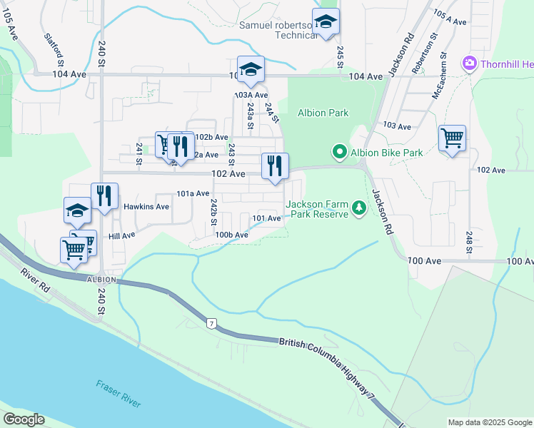 map of restaurants, bars, coffee shops, grocery stores, and more near 24369 101 Avenue in Maple Ridge