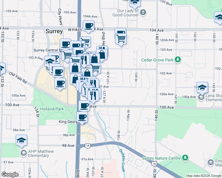 map of restaurants, bars, coffee shops, grocery stores, and more near in Surrey