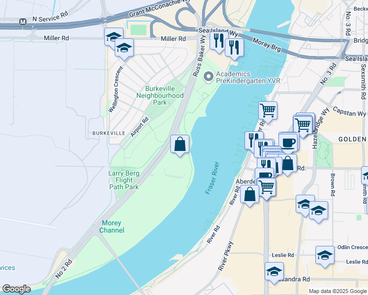 map of restaurants, bars, coffee shops, grocery stores, and more near 3820 Cessna Drive in Richmond
