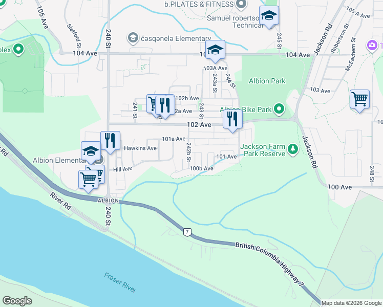 map of restaurants, bars, coffee shops, grocery stores, and more near 10110 242B Street in Maple Ridge