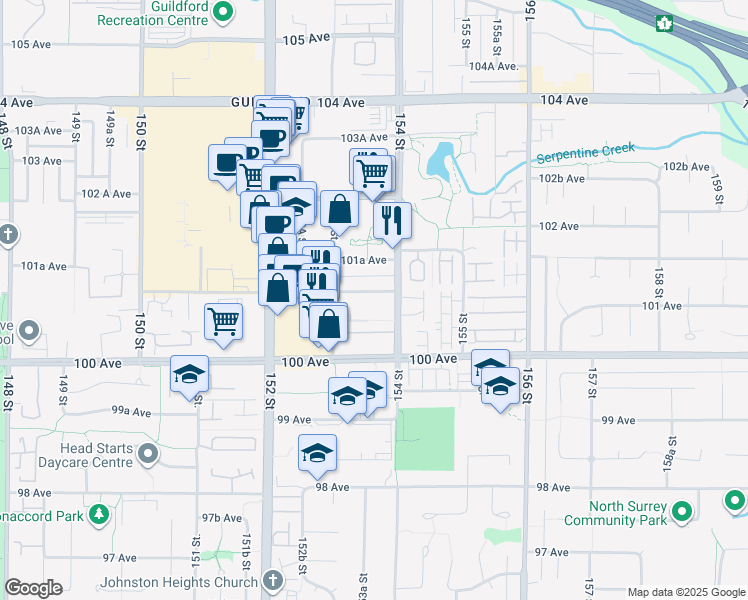 map of restaurants, bars, coffee shops, grocery stores, and more near in Surrey