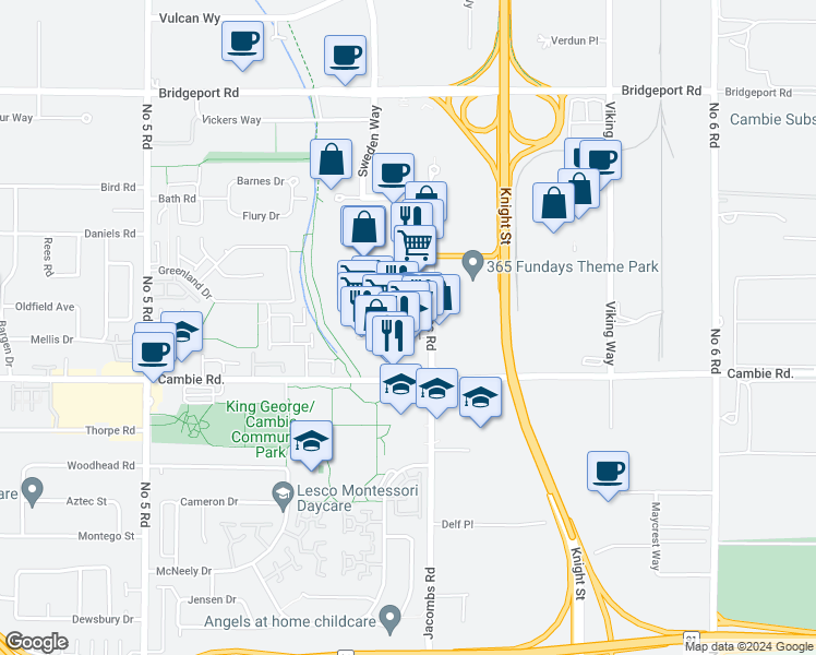 map of restaurants, bars, coffee shops, grocery stores, and more near 12871 Clarke Place in Richmond
