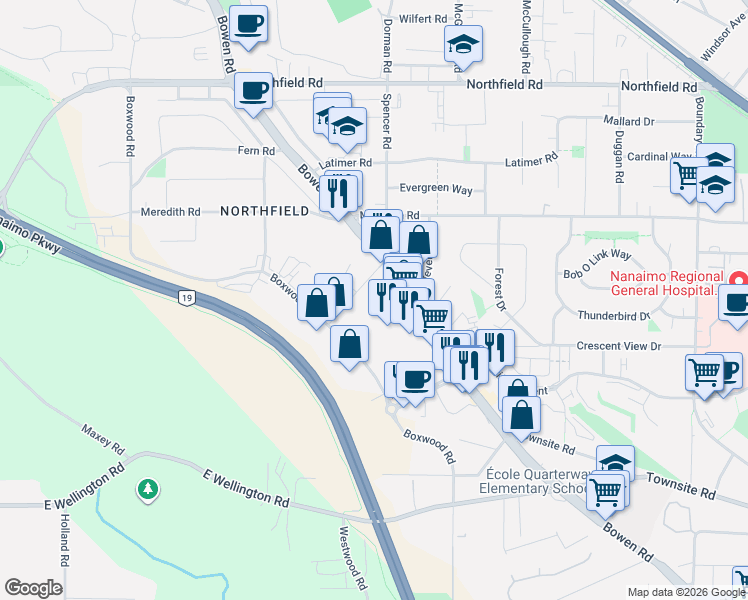 map of restaurants, bars, coffee shops, grocery stores, and more near 1960 Island Diesel Way in Nanaimo