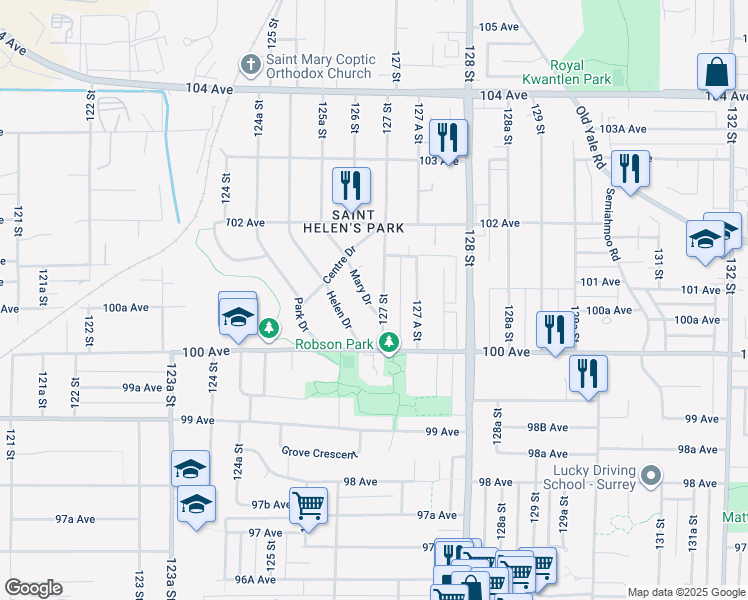map of restaurants, bars, coffee shops, grocery stores, and more near 10078 Mary Drive in Surrey