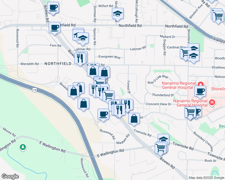 map of restaurants, bars, coffee shops, grocery stores, and more near 1710 James Way in Nanaimo