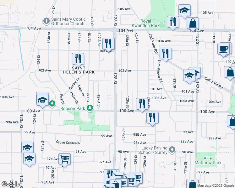 map of restaurants, bars, coffee shops, grocery stores, and more near 10080 128 Street in Surrey