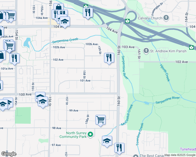 map of restaurants, bars, coffee shops, grocery stores, and more near 15865 101 Avenue in Surrey
