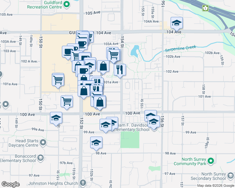 map of restaurants, bars, coffee shops, grocery stores, and more near in Surrey