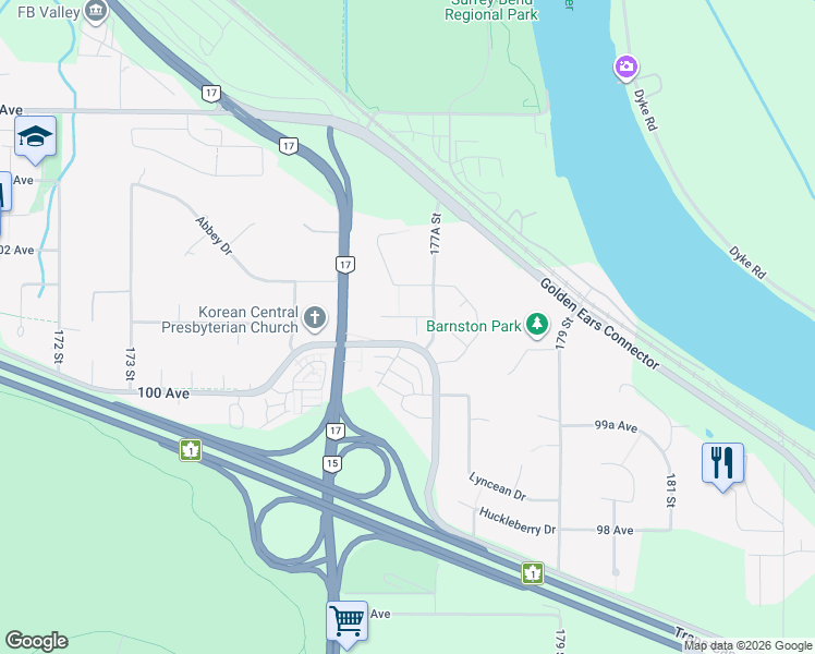 map of restaurants, bars, coffee shops, grocery stores, and more near 17732 101 Avenue in Surrey