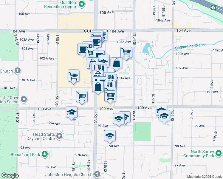 map of restaurants, bars, coffee shops, grocery stores, and more near in Surrey