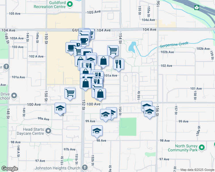 map of restaurants, bars, coffee shops, grocery stores, and more near in Surrey